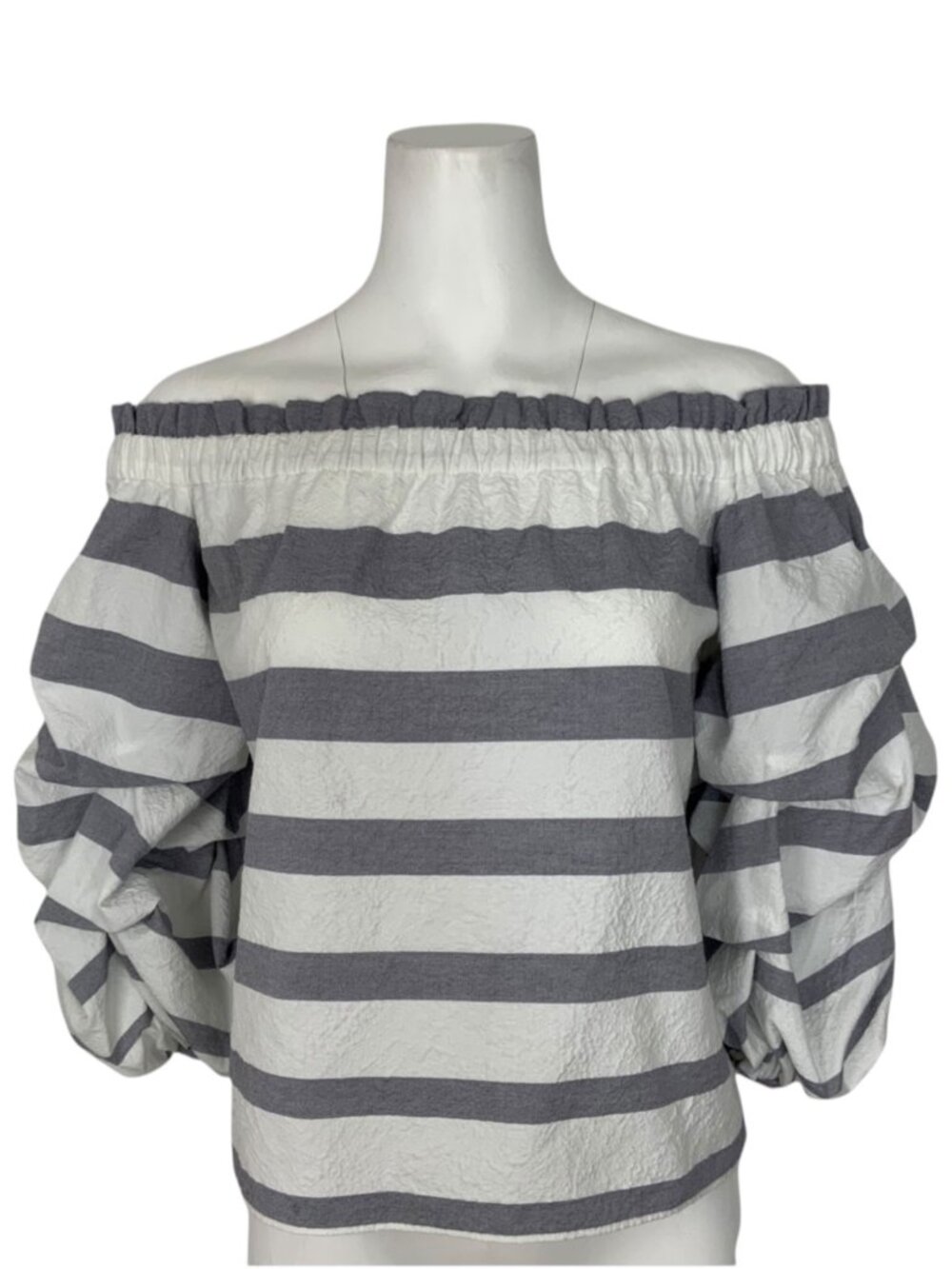 Alexis Gray and White Striped Off-Shoulder Puff Sleeve Top